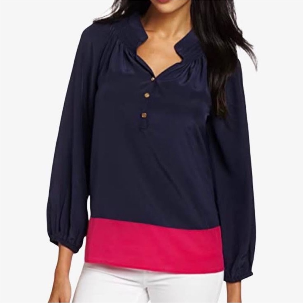 Lilly Pulitzer Elsa Silk Color Block Blouse in navy + pink, S